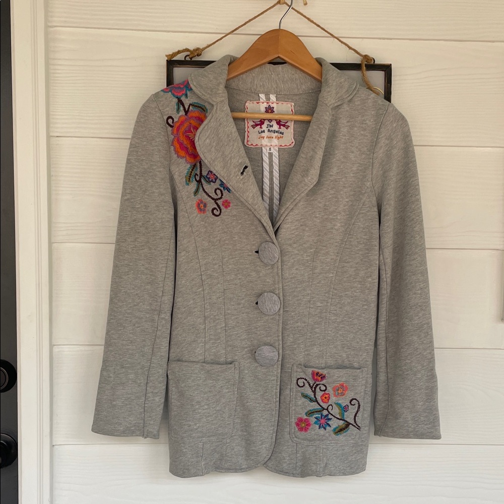 Johnny Was Gray Blazer with Colorful Floral Embroidery